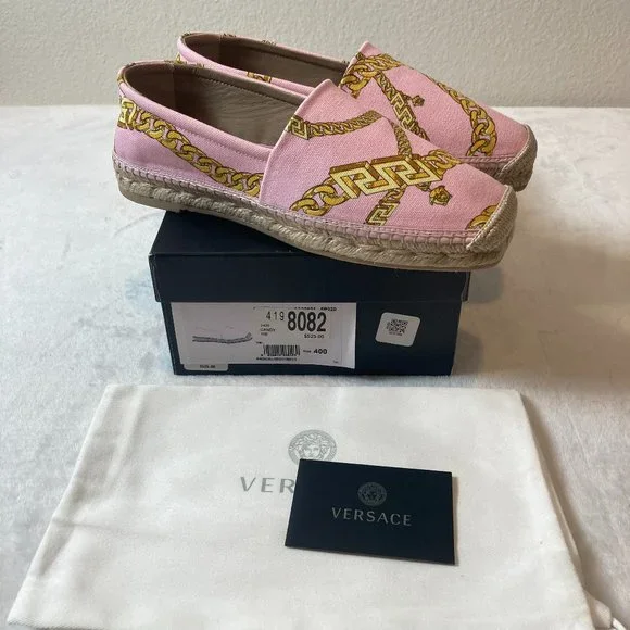 Versace Chain-Print Cotton Espadrille Loafers Pink Size 10B New In Box Authentic - Picture 1 of 13